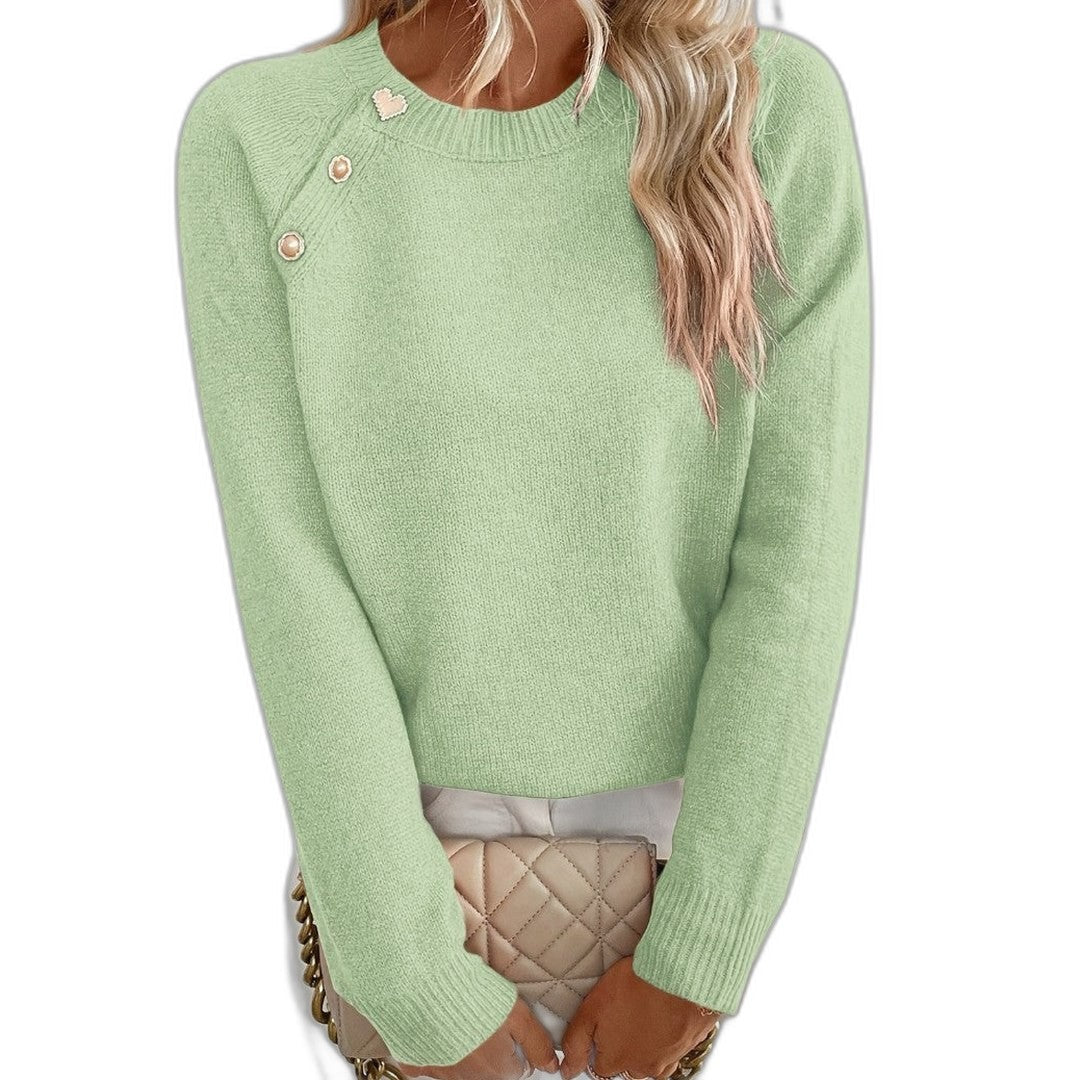 Effortless Black Knit Sweater for Women with Crew Neck Long Sleeve Button Front Casual Style