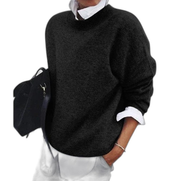 Effortless Black Knit Sweater for Women with Crew Neck Long Sleeve Oversized Casual Style