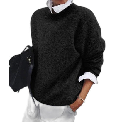 Effortless Black Knit Sweater for Women with Crew Neck Long Sleeve Oversized Casual Style
