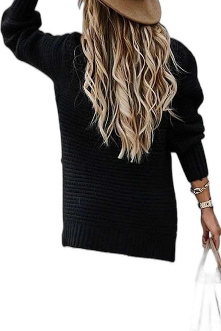 Effortless Black Knit Sweater for Women with Crew Neck Long Sleeve Oversized Casual Style