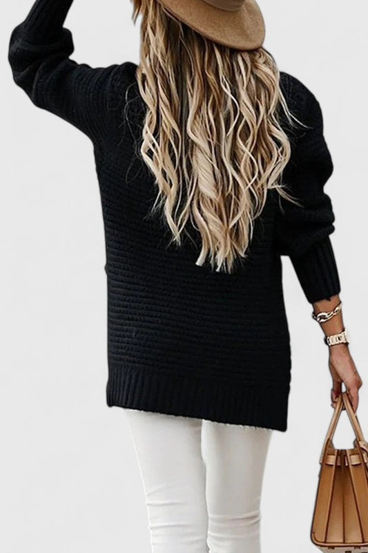 Effortless Black Knit Sweater for Women with Crew Neck Long Sleeve Oversized Casual Style