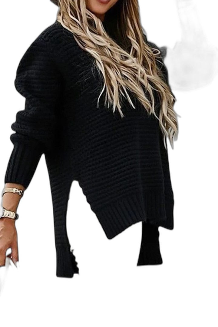 Effortless Black Knit Sweater for Women with Crew Neck Long Sleeve Oversized Casual Style