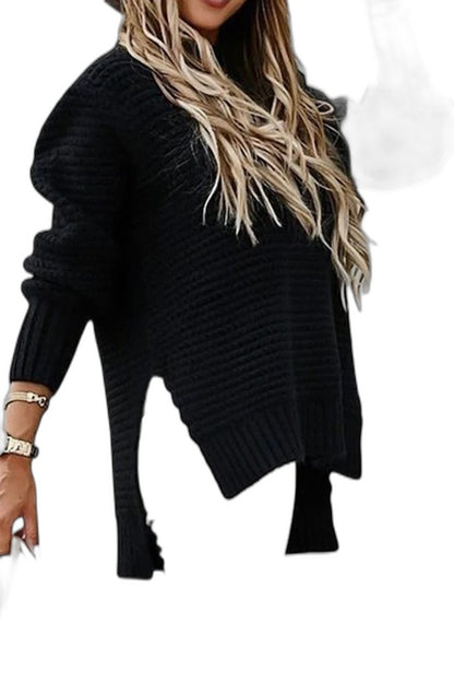 Effortless Black Knit Sweater for Women with Crew Neck Long Sleeve Oversized Casual Style