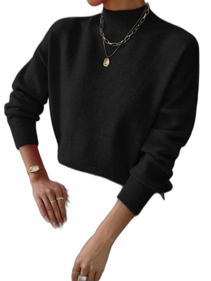 Effortless Black Knit Sweater for Women with High Neck Long Sleeve Casual Style