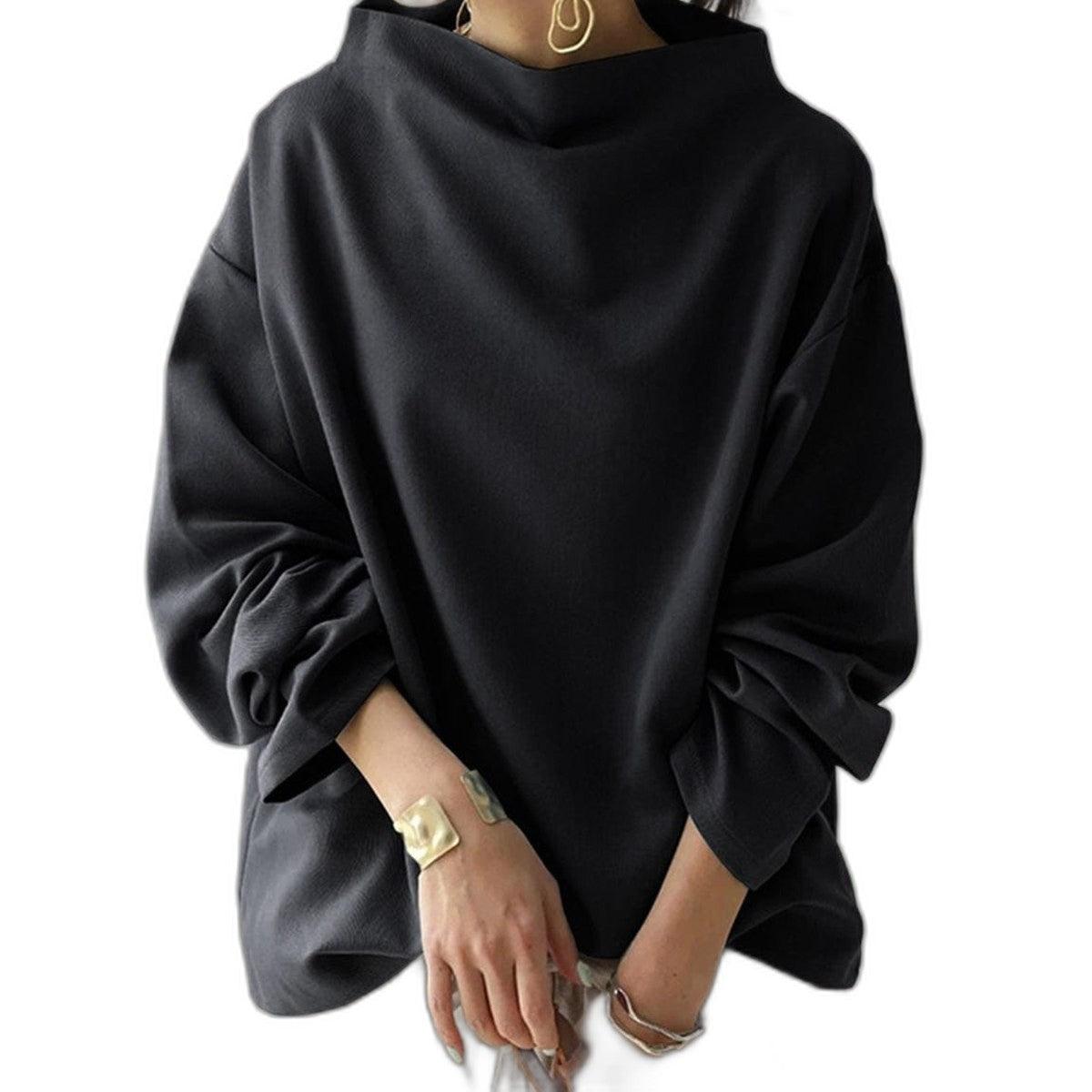 Effortless Black Knit Sweater for Women with Turtleneck Long Sleeve Oversized Casual Style
