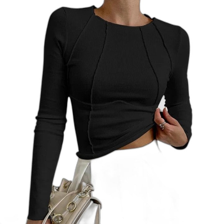 Effortless Black Knit T Shirt for Women with Crew Neck Long Sleeve Bodycon Cropped Casual Style