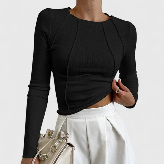 Effortless Black Knit T Shirt for Women with Crew Neck Long Sleeve Bodycon Cropped Casual Style