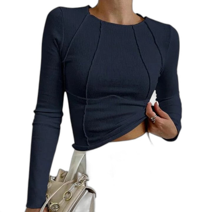 Effortless Black Knit T Shirt for Women with Crew Neck Long Sleeve Bodycon Cropped Casual Style
