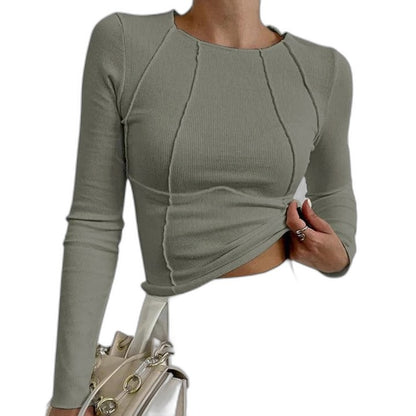 Effortless Black Knit T Shirt for Women with Crew Neck Long Sleeve Bodycon Cropped Casual Style