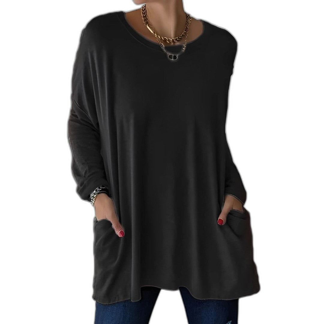 Effortless Black Knit Tunic for Women with V Neck Long Sleeve Flowing Oversized Pockets Casual Style