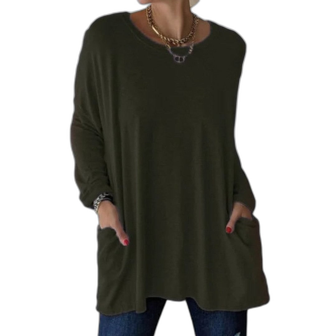 Effortless Black Knit Tunic for Women with V Neck Long Sleeve Flowing Oversized Pockets Casual Style