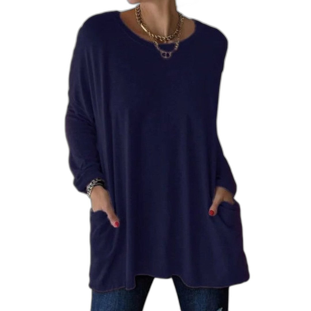 Effortless Black Knit Tunic for Women with V Neck Long Sleeve Flowing Oversized Pockets Casual Style