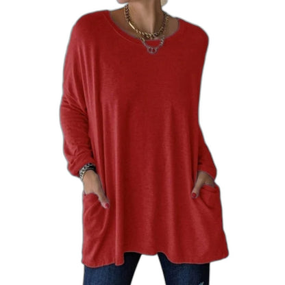 Effortless Black Knit Tunic for Women with V Neck Long Sleeve Flowing Oversized Pockets Casual Style