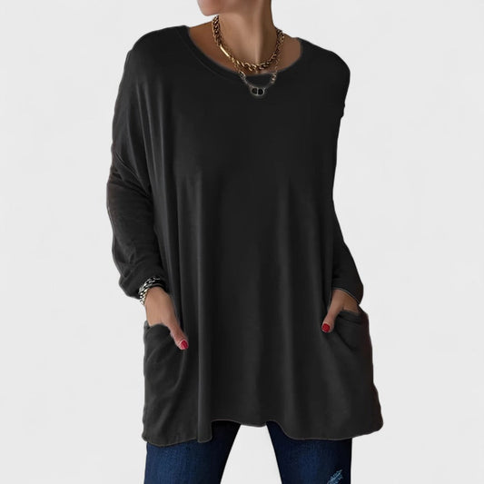 Effortless Black Knit Tunic for Women with V Neck Long Sleeve Flowing Oversized Pockets Casual Style