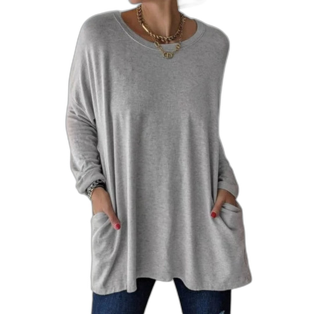 Effortless Black Knit Tunic for Women with V Neck Long Sleeve Flowing Oversized Pockets Casual Style