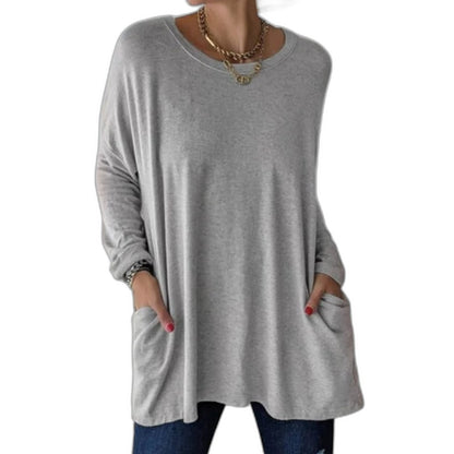 Effortless Black Knit Tunic for Women with V Neck Long Sleeve Flowing Oversized Pockets Casual Style