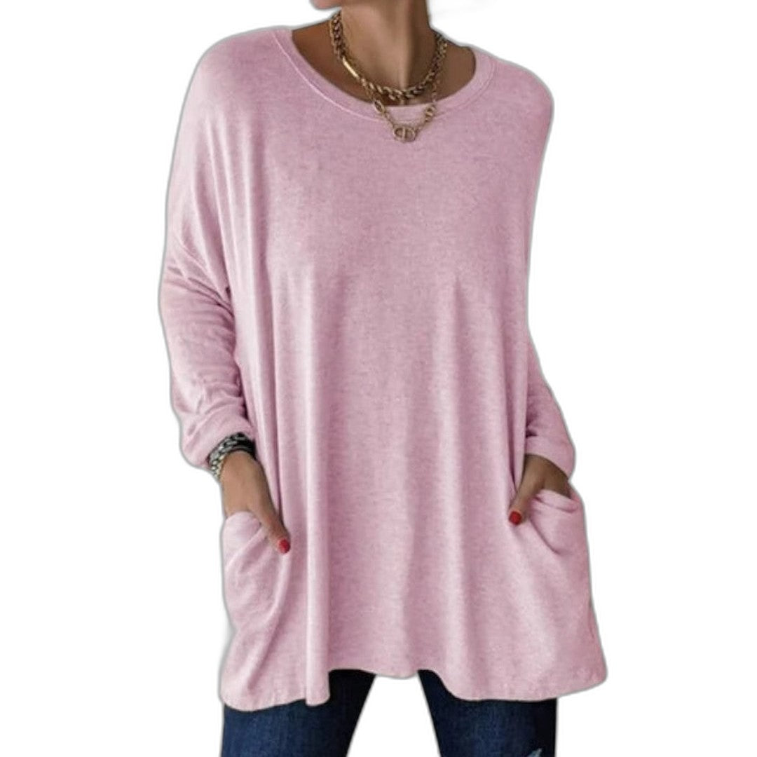 Effortless Black Knit Tunic for Women with V Neck Long Sleeve Flowing Oversized Pockets Casual Style