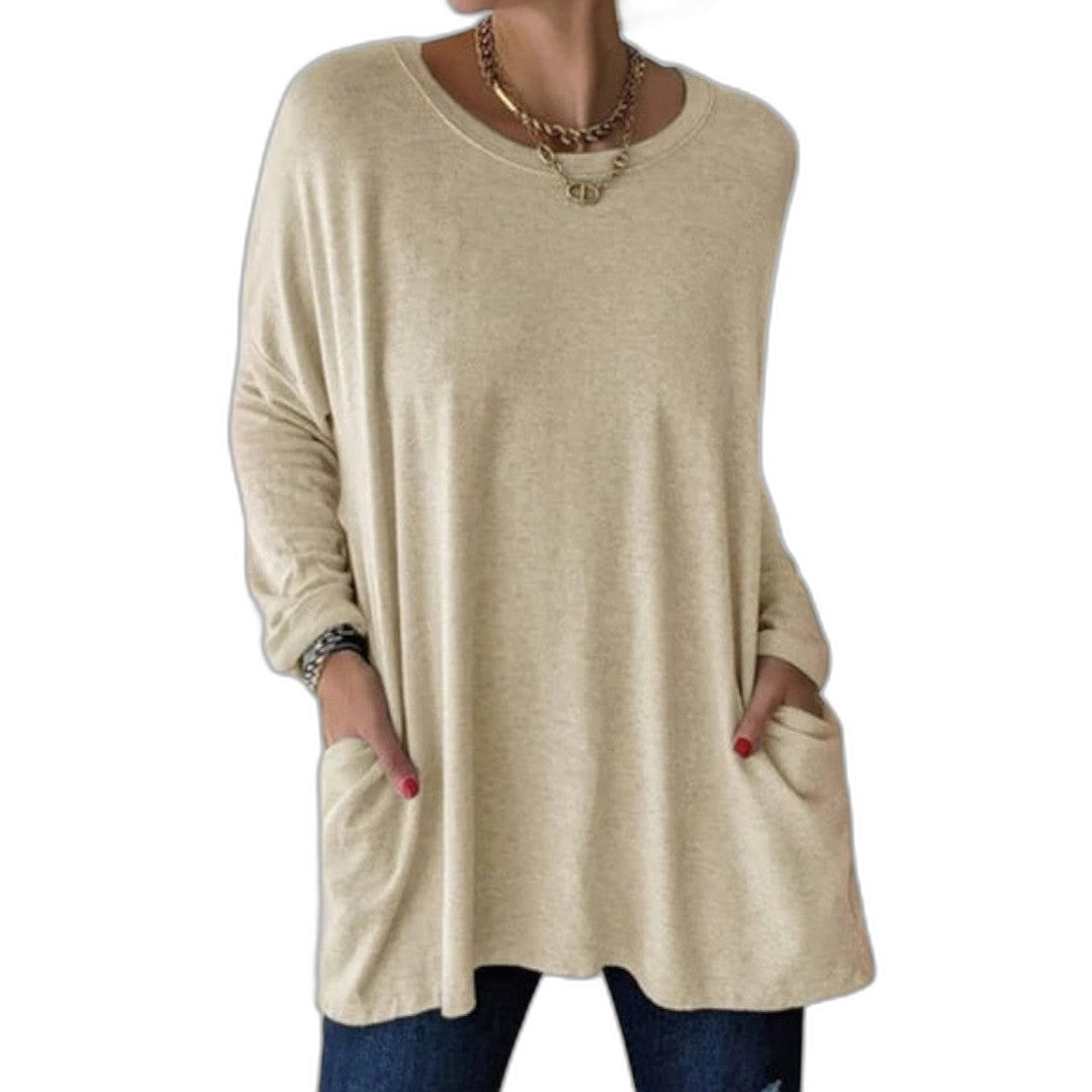 Effortless Black Knit Tunic for Women with V Neck Long Sleeve Flowing Oversized Pockets Casual Style