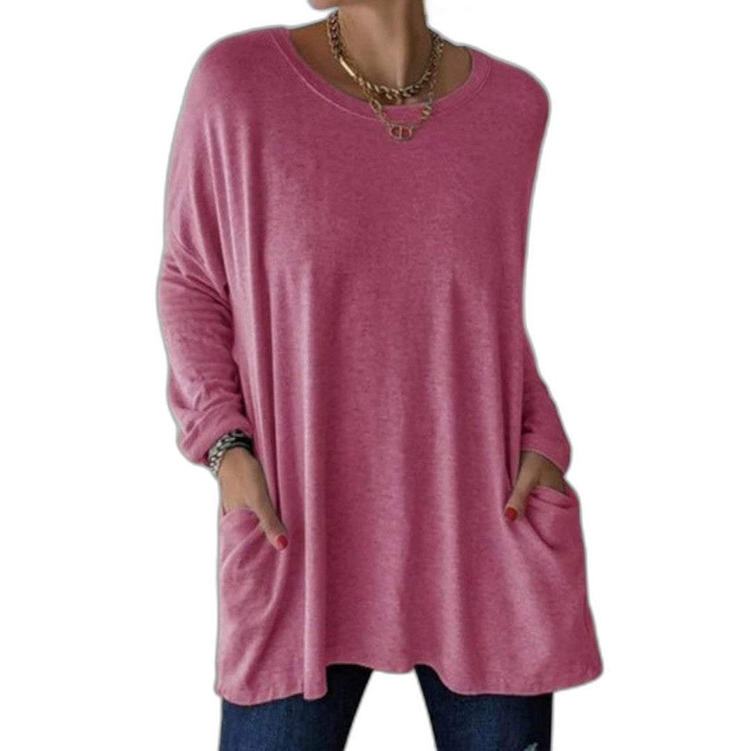 Effortless Black Knit Tunic for Women with V Neck Long Sleeve Flowing Oversized Pockets Casual Style