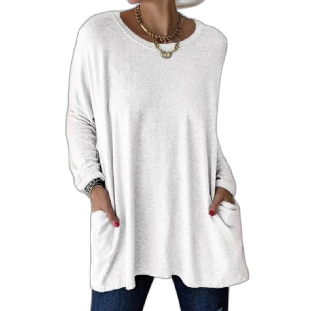 Effortless Black Knit Tunic for Women with V Neck Long Sleeve Flowing Oversized Pockets Casual Style