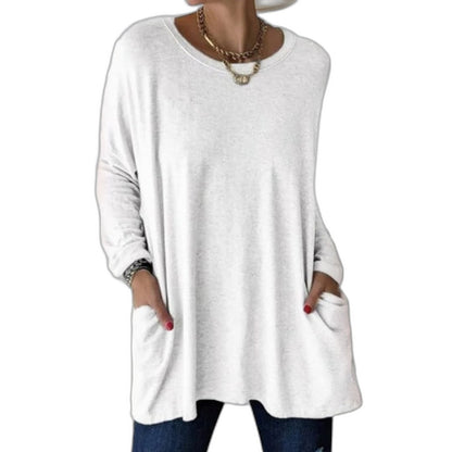 Effortless Black Knit Tunic for Women with V Neck Long Sleeve Flowing Oversized Pockets Casual Style