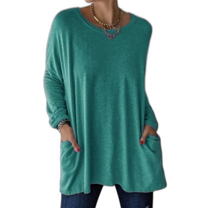 Effortless Black Knit Tunic for Women with V Neck Long Sleeve Flowing Oversized Pockets Casual Style