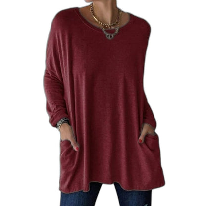 Effortless Black Knit Tunic for Women with V Neck Long Sleeve Flowing Oversized Pockets Casual Style