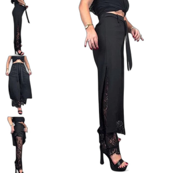 Effortless Black Lace Wide Leg Pants for Women with High Waisted Casual Style