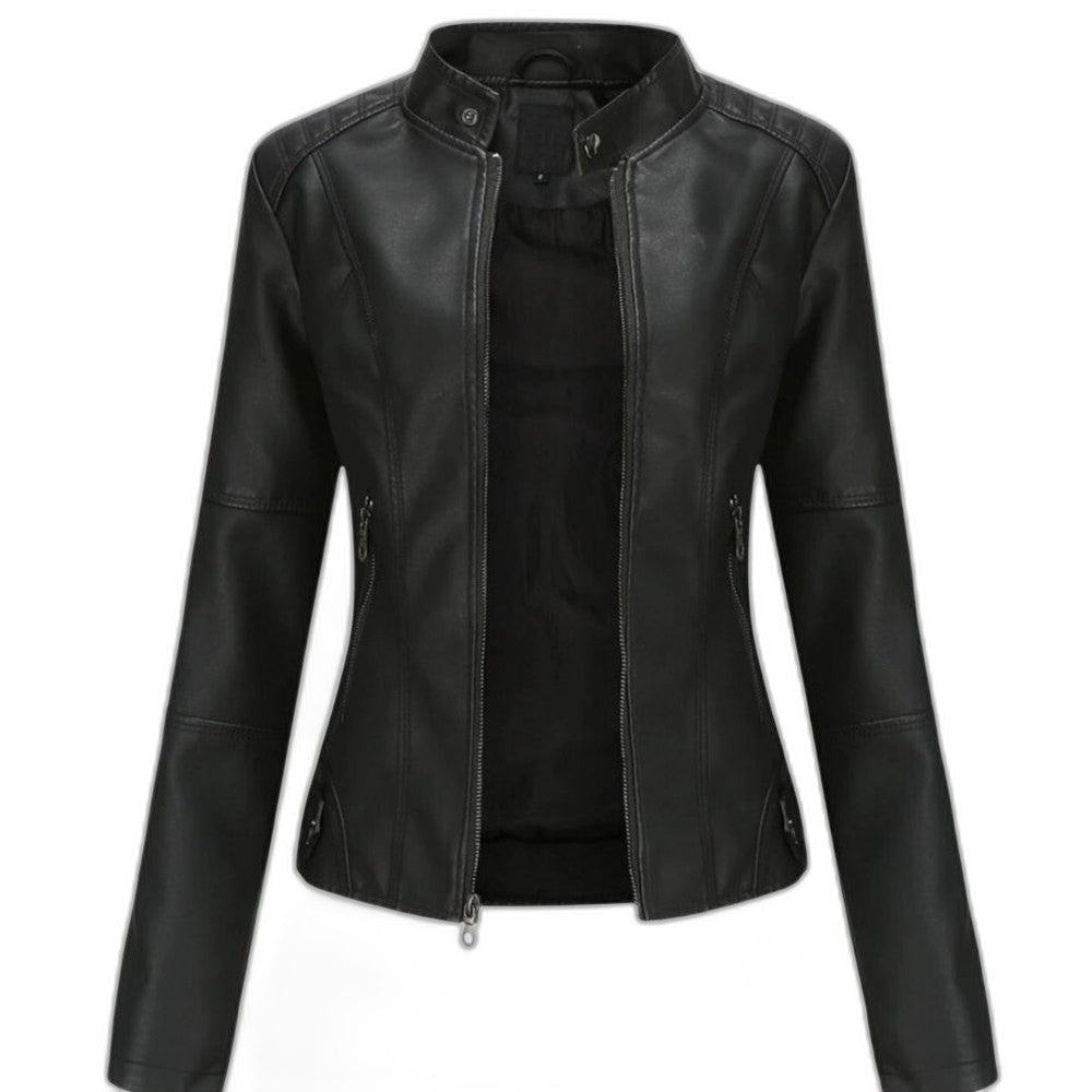 Effortless Black Leather Jacket for Women with Collared Long Sleeve Cropped Casual Style