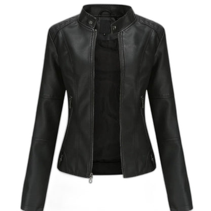 Effortless Black Leather Jacket for Women with Collared Long Sleeve Cropped Casual Style