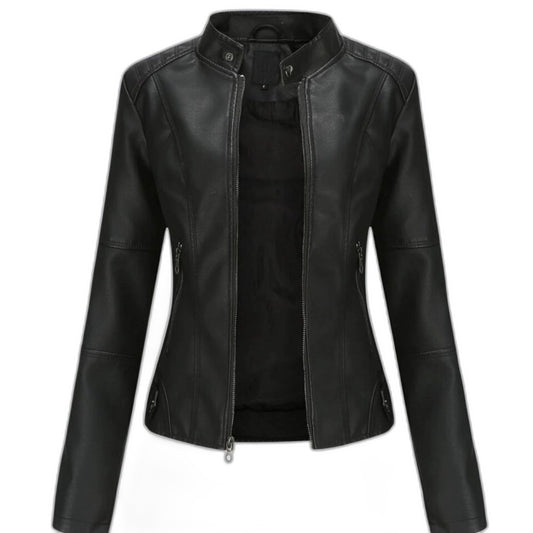 Effortless Black Leather Jacket for Women with Collared Long Sleeve Cropped Casual Style