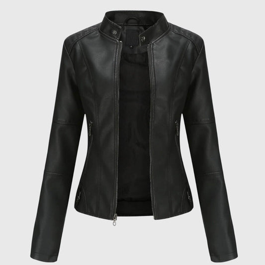 Effortless Black Leather Jacket for Women with Collared Long Sleeve Cropped Casual Style