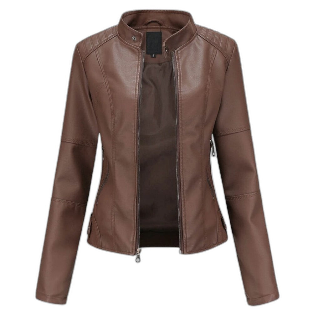 Effortless Black Leather Jacket for Women with Collared Long Sleeve Cropped Casual Style