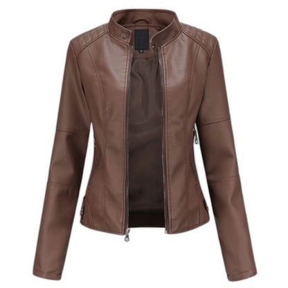 Effortless Black Leather Jacket for Women with Collared Long Sleeve Cropped Casual Style