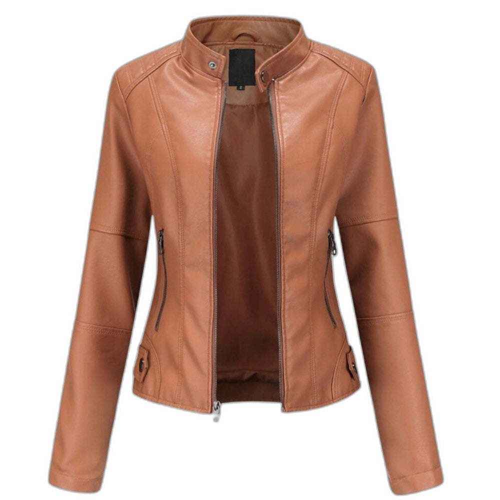 Effortless Black Leather Jacket for Women with Collared Long Sleeve Cropped Casual Style