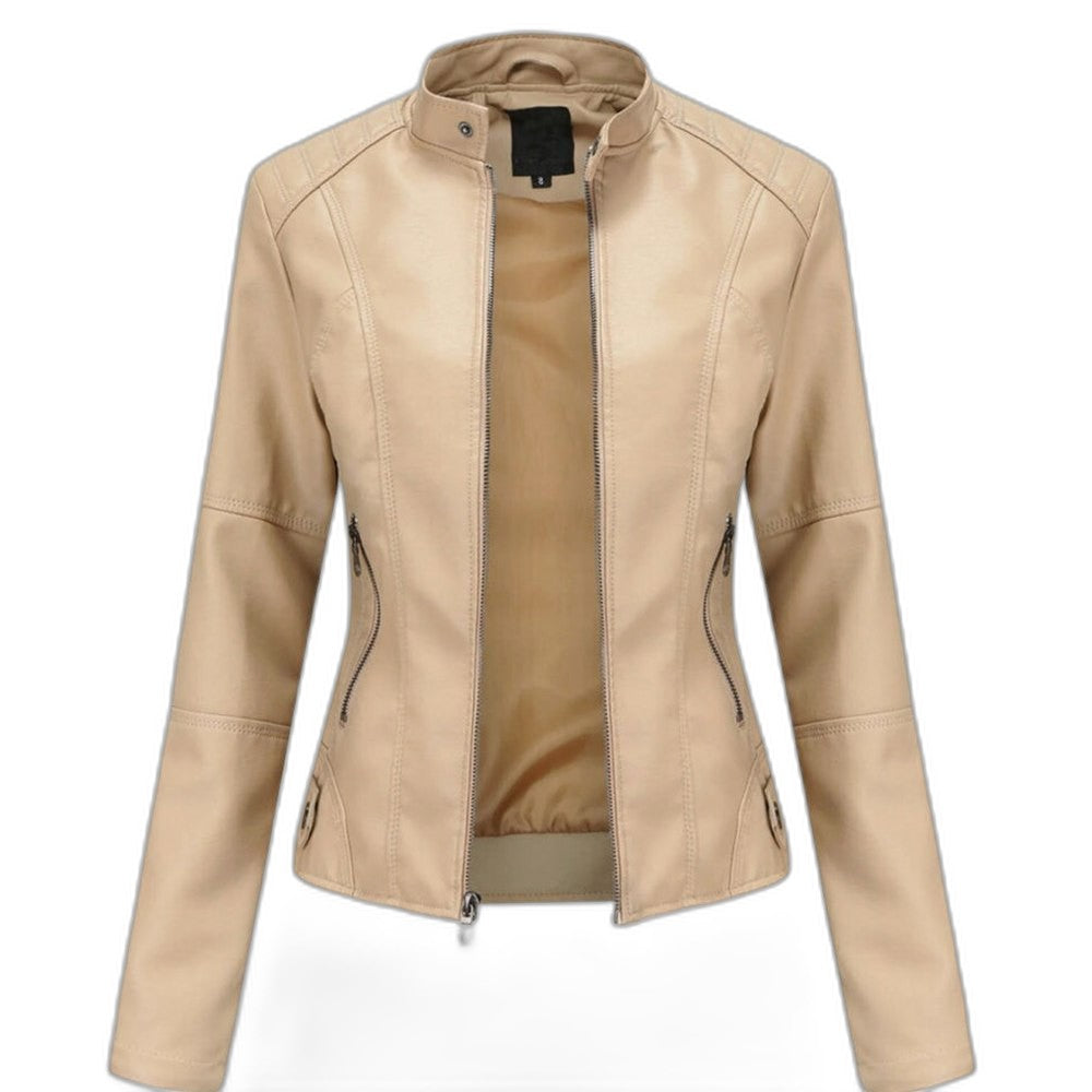 Effortless Black Leather Jacket for Women with Collared Long Sleeve Cropped Casual Style