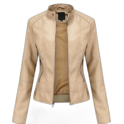 Effortless Black Leather Jacket for Women with Collared Long Sleeve Cropped Casual Style