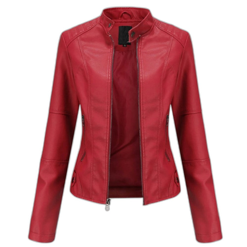 Effortless Black Leather Jacket for Women with Collared Long Sleeve Cropped Casual Style