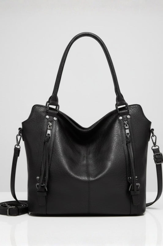 Effortless Black Leather Shoulder Bag for Women with Tote Casual Style