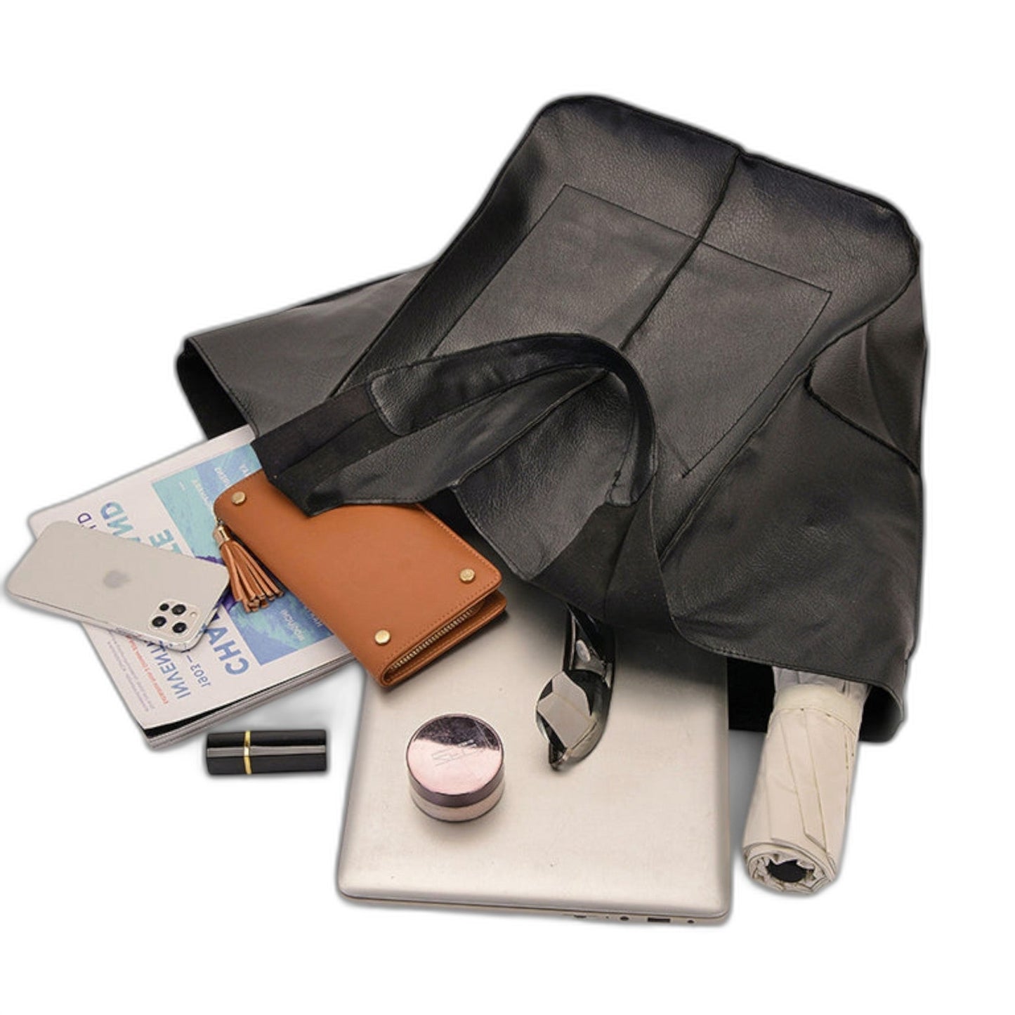 Effortless Black Leather Tote Bag for Women with Oversized Casual Style