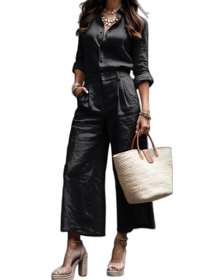 Effortless Black Leather Two Piece Set for Women with Button Front Wide Leg Casual Style