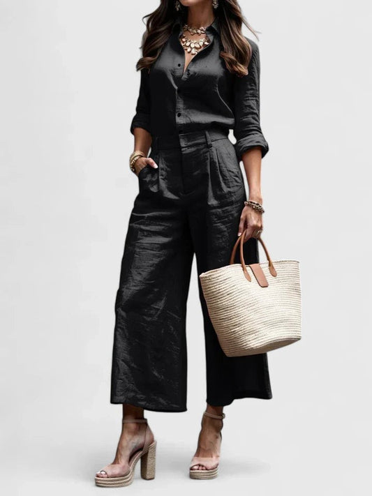 Effortless Black Leather Two Piece Set for Women with Button Front Wide Leg Casual Style