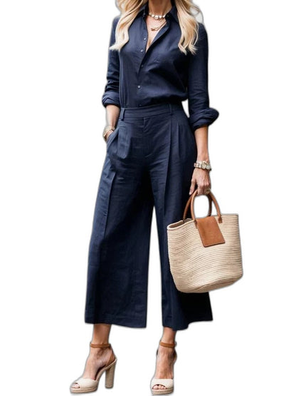 Effortless Black Leather Two Piece Set for Women with Button Front Wide Leg Casual Style
