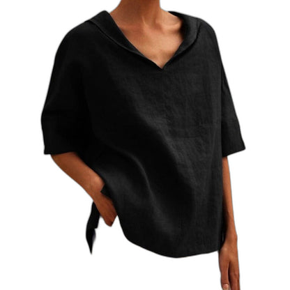 Effortless Black Linen Blouse for Women with V Neck Short Sleeve Flowing Oversized Casual Style