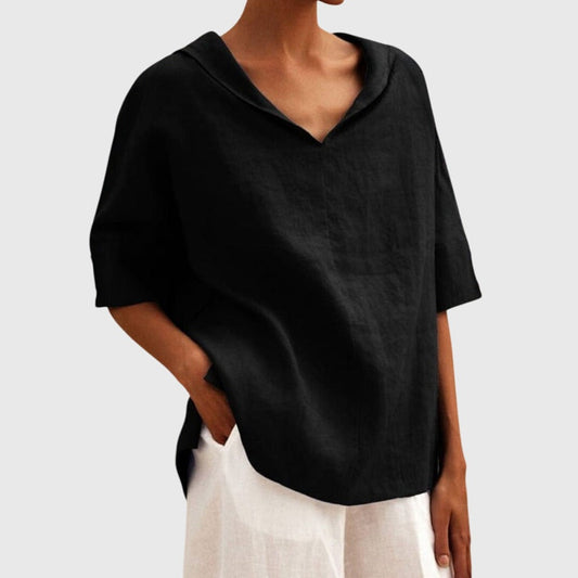 Effortless Black Linen Blouse for Women with V Neck Short Sleeve Flowing Oversized Casual Style