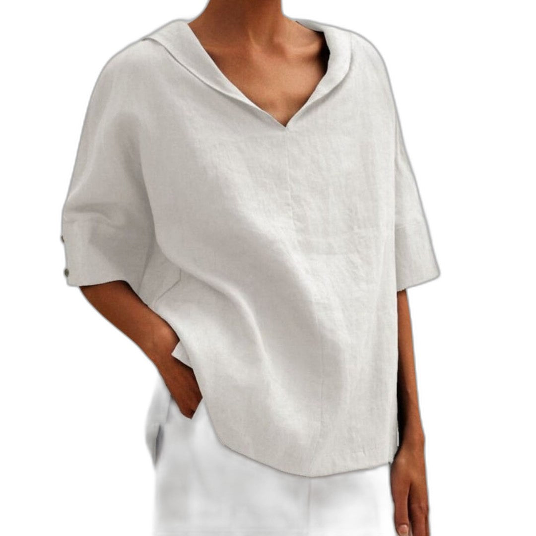 Effortless Black Linen Blouse for Women with V Neck Short Sleeve Flowing Oversized Casual Style