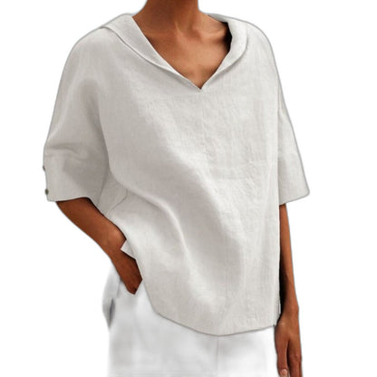 Effortless Black Linen Blouse for Women with V Neck Short Sleeve Flowing Oversized Casual Style