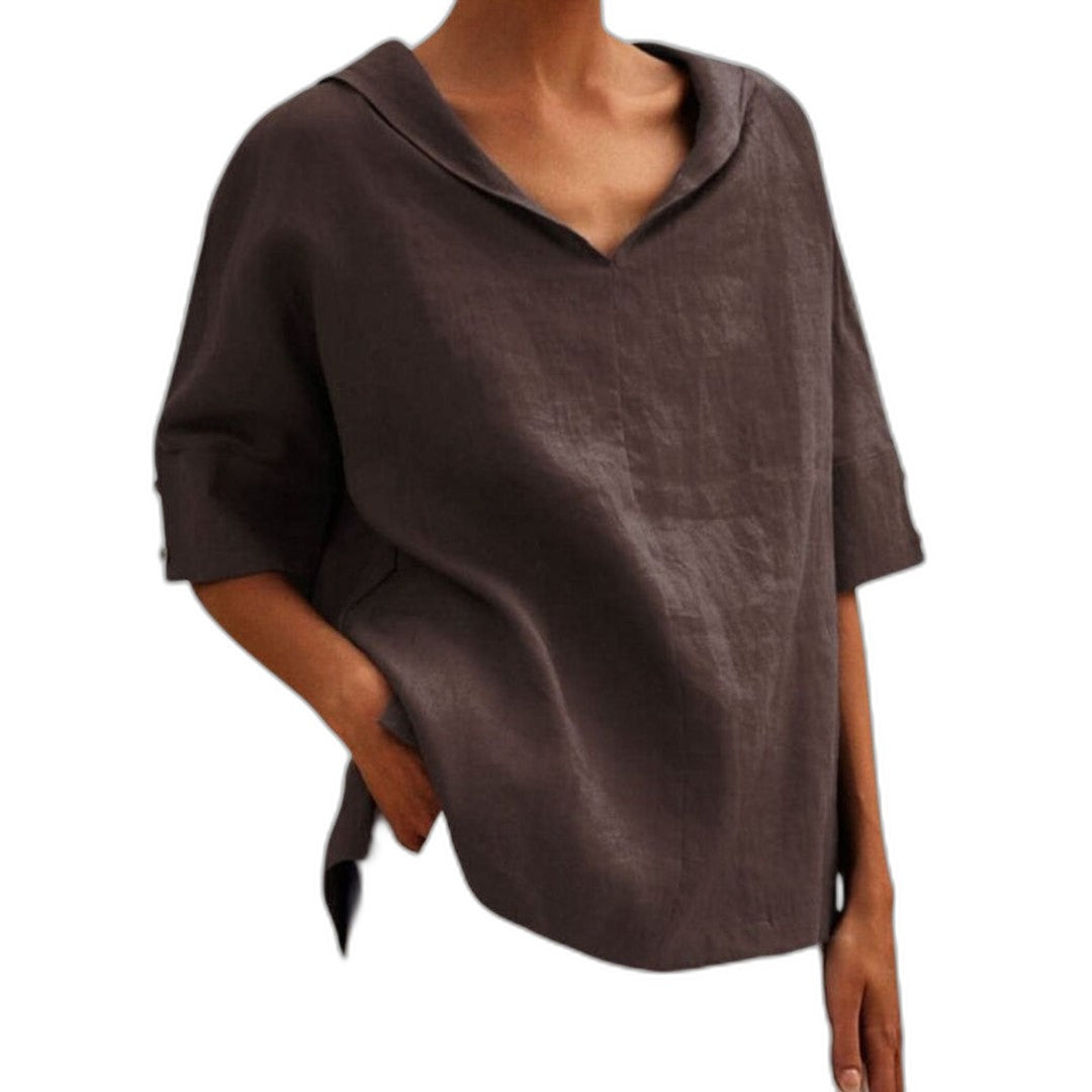 Effortless Black Linen Blouse for Women with V Neck Short Sleeve Flowing Oversized Casual Style