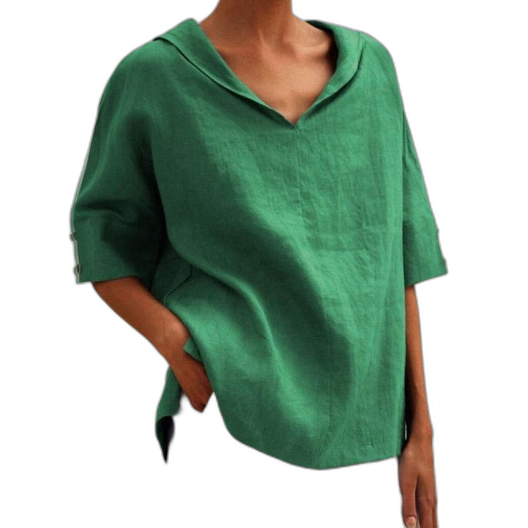 Effortless Black Linen Blouse for Women with V Neck Short Sleeve Flowing Oversized Casual Style