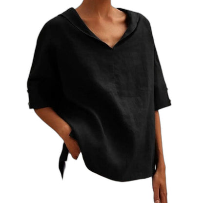 Effortless Black Linen Blouse for Women with V Neck Short Sleeve Oversized Casual Style
